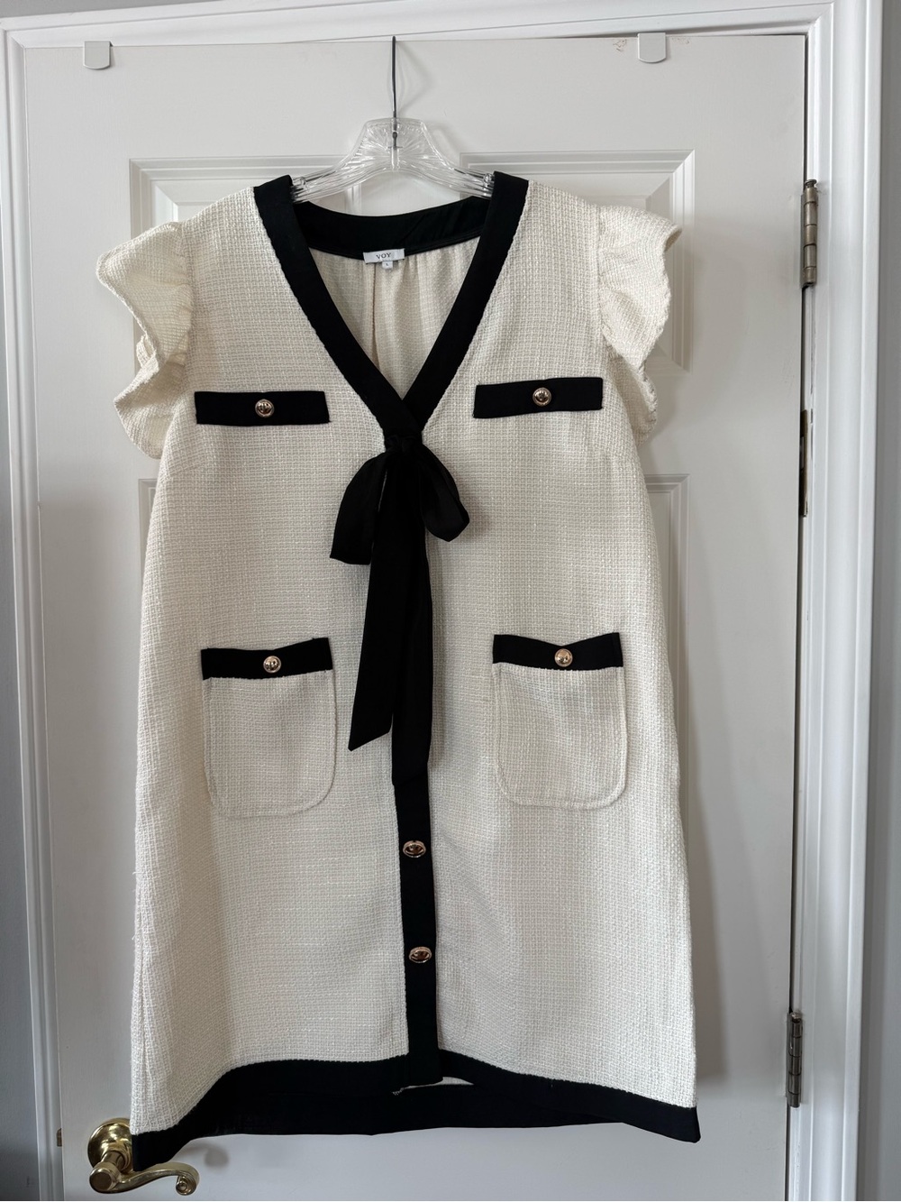 Chic Ivory Knit Dress with Black Trim and Bow